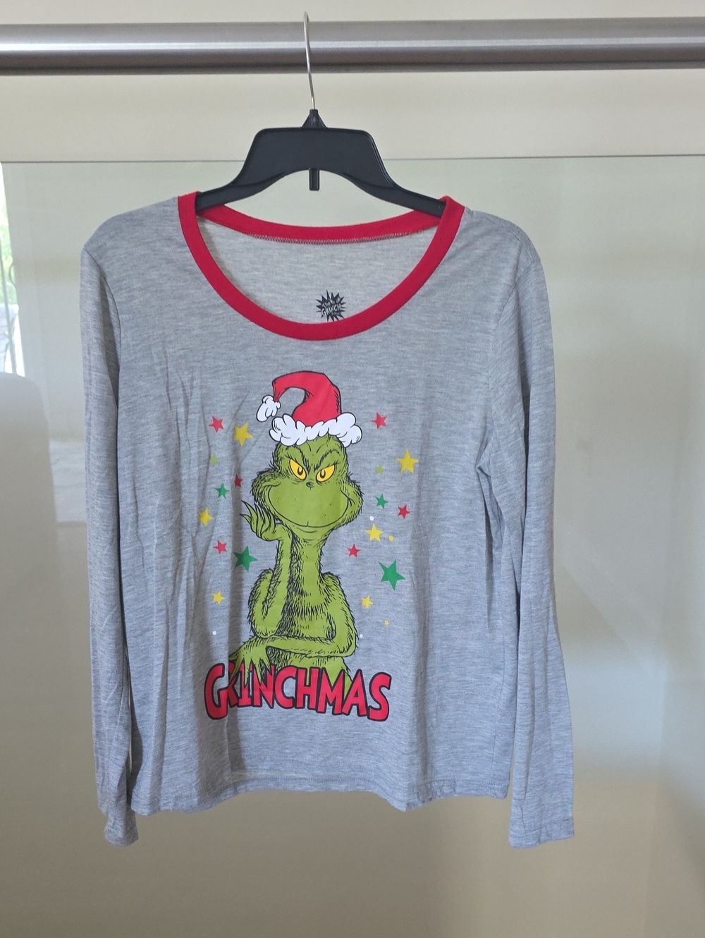 Grinchmas Gray Long Sleeve Holiday Tee with Red Trim